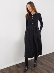 Threadbare Black Ribbed Jersey Button Up Midaxi Dress - Image 1 of 4