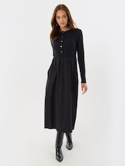 Threadbare Black Ribbed Jersey Button Up Midaxi Dress - Image 3 of 4