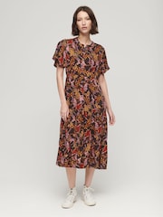 Superdry Brown Printed Tiered Midi Dress - Image 1 of 6