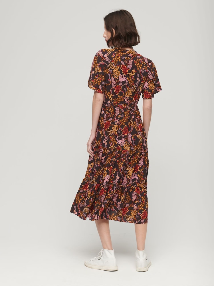 Superdry Brown Printed Tiered Midi Dress - Image 2 of 6