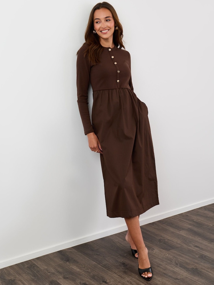 Threadbare Brown Ribbed Jersey Button Up Midaxi Dress - Image 1 of 4