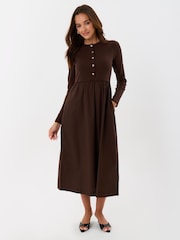 Threadbare Brown Ribbed Jersey Button Up Midaxi Dress - Image 2 of 4