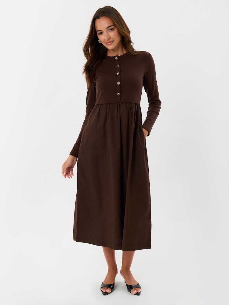 Threadbare Brown Ribbed Jersey Button Up Midaxi Dress - Image 2 of 4