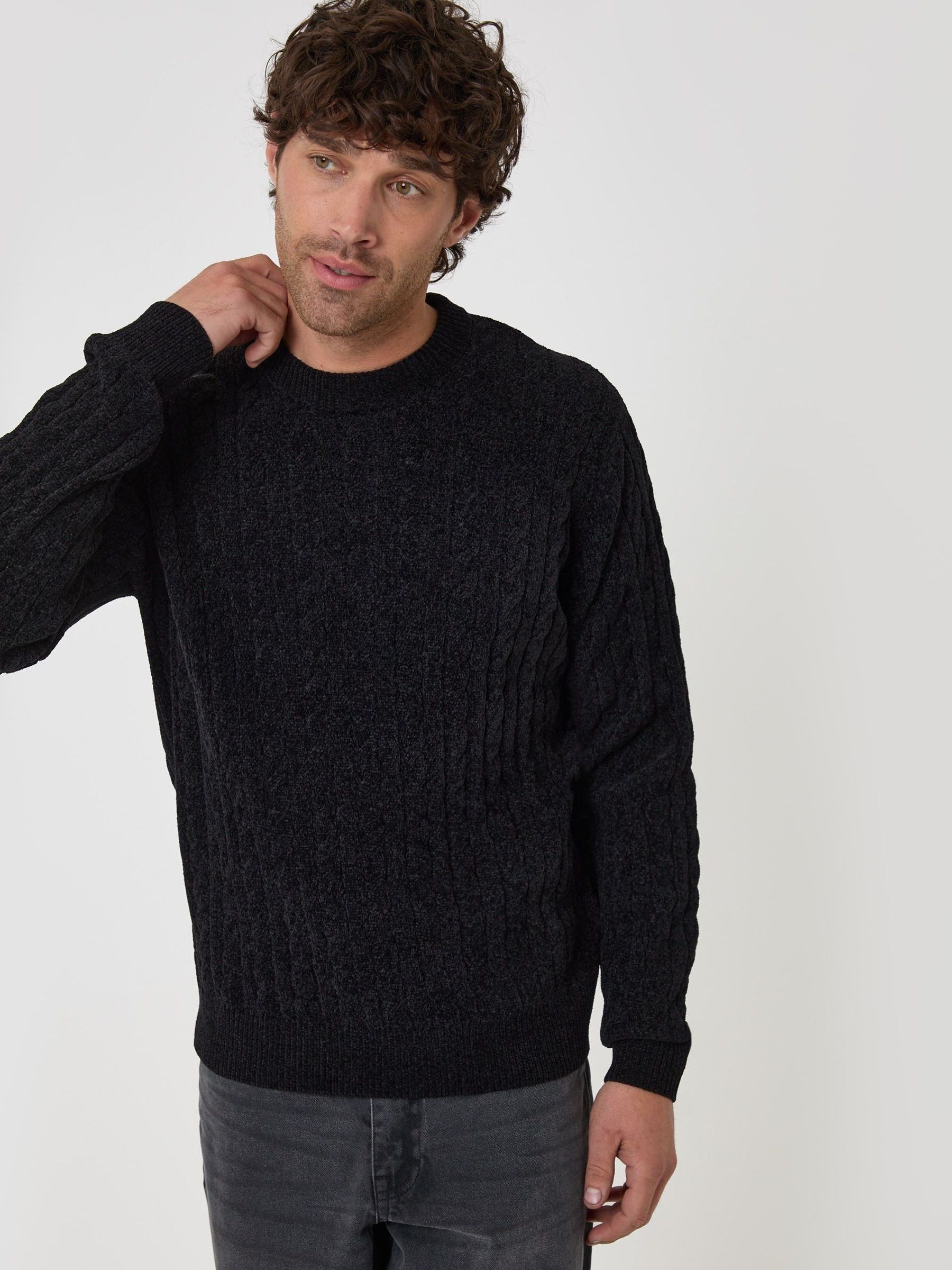 Threadbare Men's Black Fluffy Cable Knit Crew Neck Jumper - Image 1