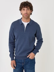 Threadbare Blue Cotton Rich Quarter Zip Long Sleeve Polo Shirt - Image 1 of 4