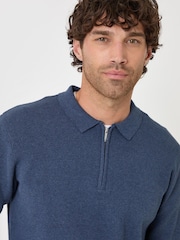 Threadbare Blue Cotton Rich Quarter Zip Long Sleeve Polo Shirt - Image 4 of 4