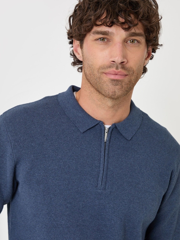 Threadbare Blue Cotton Rich Quarter Zip Long Sleeve Polo Shirt - Image 4 of 4 Threadbare Blue Cotton Rich Quarter Zip Long Sleeve Polo Shirt - Image 4 of 4