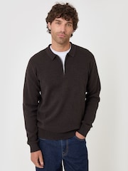 Threadbare Brown Cotton Rich Quarter Zip Long Sleeve Polo Shirt - Image 1 of 4