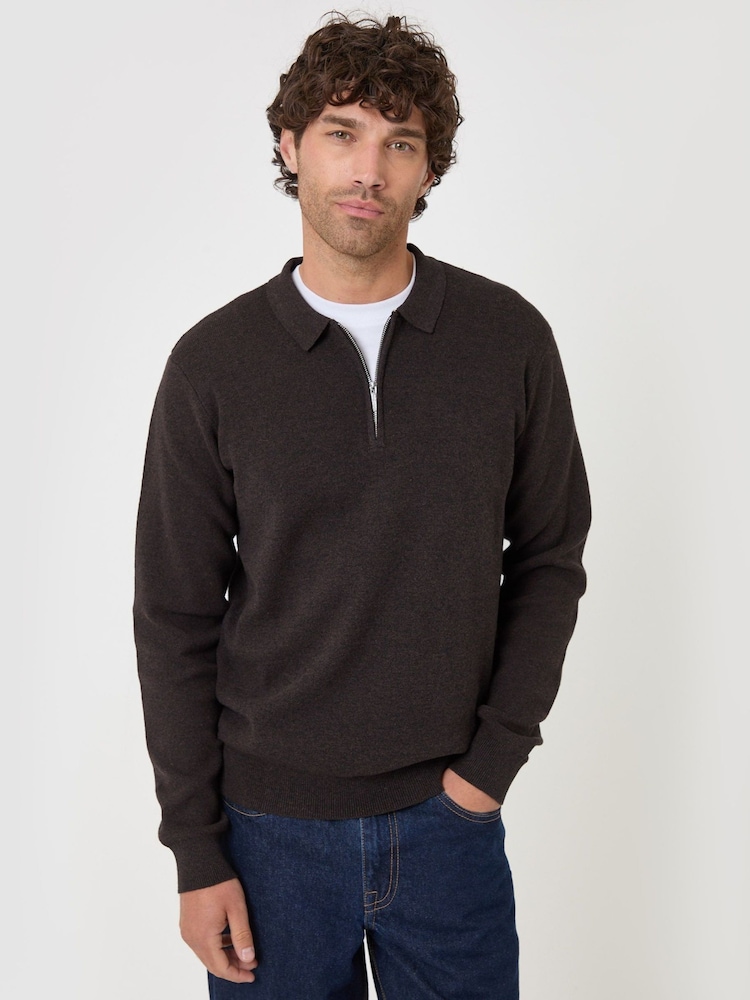 Threadbare Brown Cotton Rich Quarter Zip Long Sleeve Polo Shirt - Image 1 of 4 Threadbare Brown Cotton Rich Quarter Zip Long Sleeve Polo Shirt - Image 1 of 4