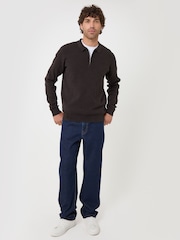 Threadbare Brown Cotton Rich Quarter Zip Long Sleeve Polo Shirt - Image 3 of 4
