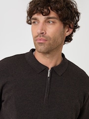 Threadbare Brown Cotton Rich Quarter Zip Long Sleeve Polo Shirt - Image 4 of 4