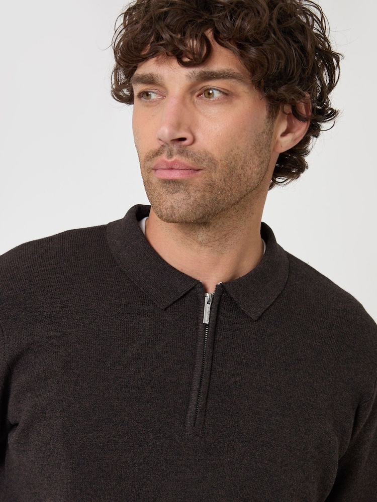 Threadbare Brown Cotton Rich Quarter Zip Long Sleeve Polo Shirt - Image 4 of 4 Threadbare Brown Cotton Rich Quarter Zip Long Sleeve Polo Shirt - Image 4 of 4