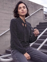 Roman Black Tie Neck Polka Dot Top - Image 1 of 4