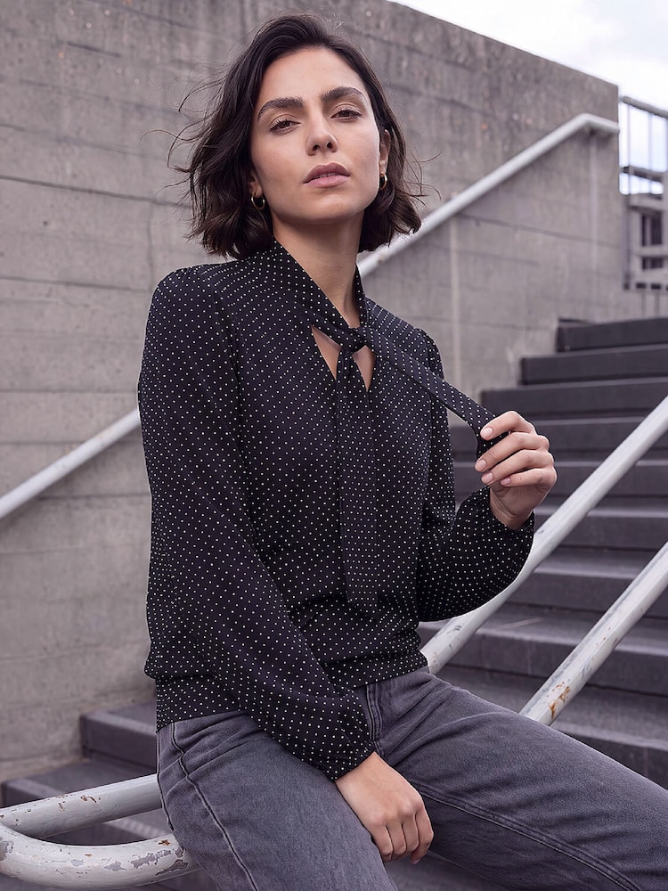 Roman Black Tie Neck Polka Dot Top - Image 1 of 4 Roman Black Tie Neck Polka Dot Top - Image 1 of 4