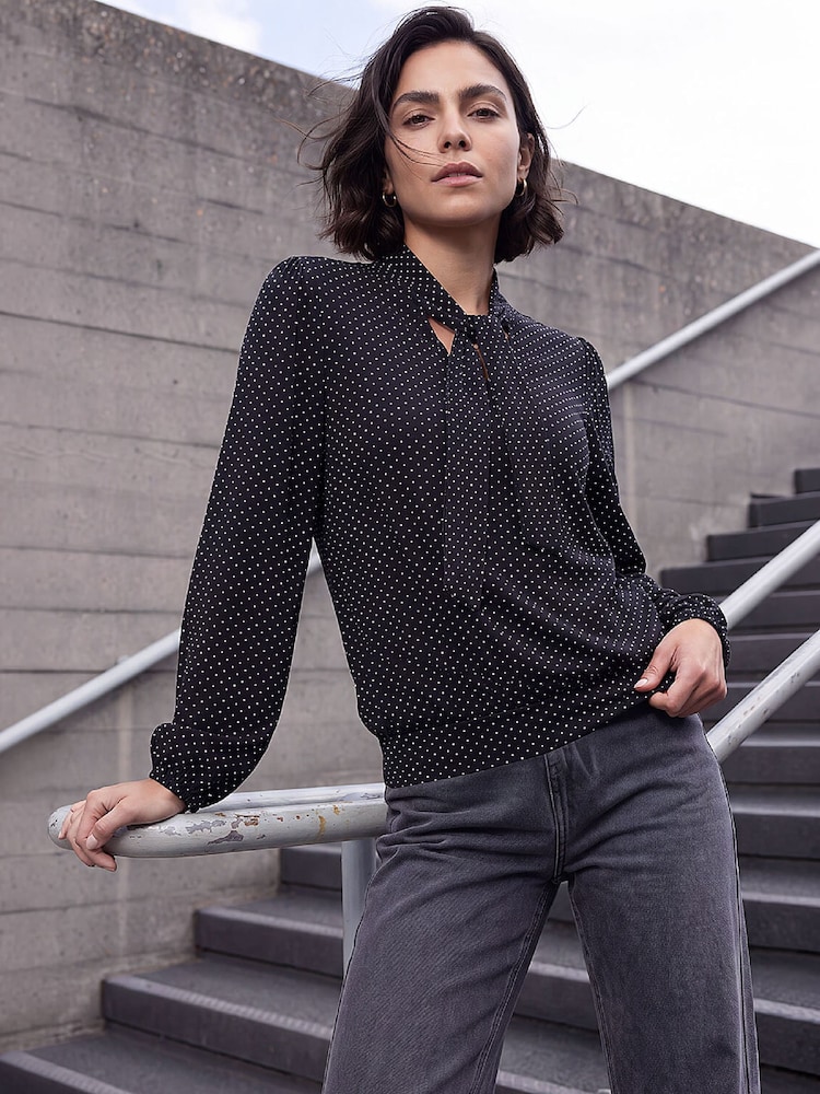 Roman Black Tie Neck Polka Dot Top - Image 2 of 4 Roman Black Tie Neck Polka Dot Top - Image 2 of 4