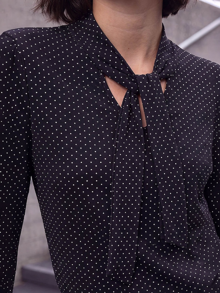 Roman Black Tie Neck Polka Dot Top - Image 4 of 4 Roman Black Tie Neck Polka Dot Top - Image 4 of 4