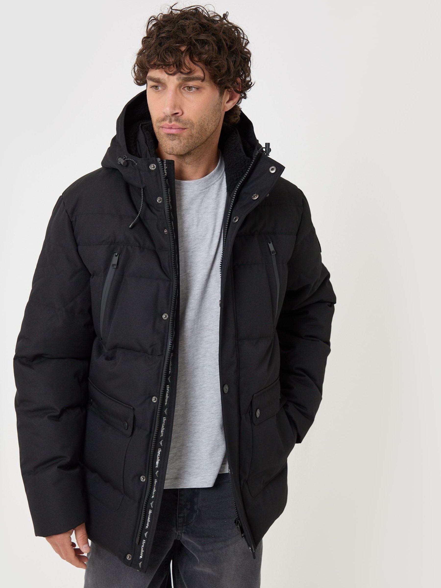 Threadbare Black Showerproof Hooded Puffer Coat With Borg Lined Hood In - Image 2