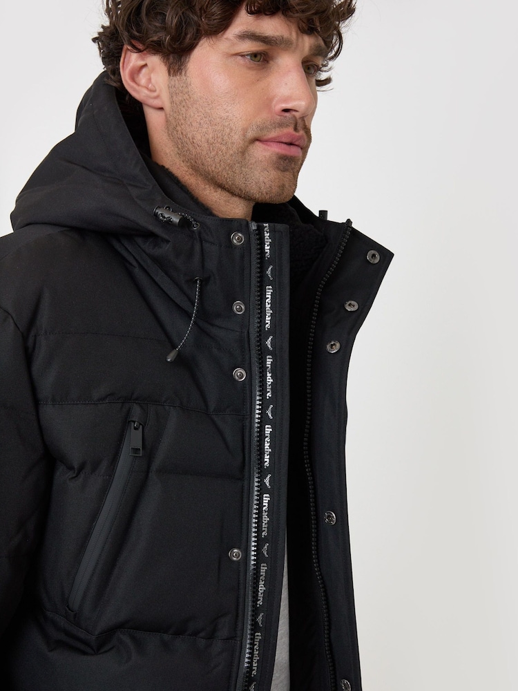 Threadbare Black Showerproof Hooded Puffer Coat with Borg Lined Hood - Image 2 of 5 Threadbare Black Showerproof Hooded Puffer Coat with Borg Lined Hood - Image 2 of 5