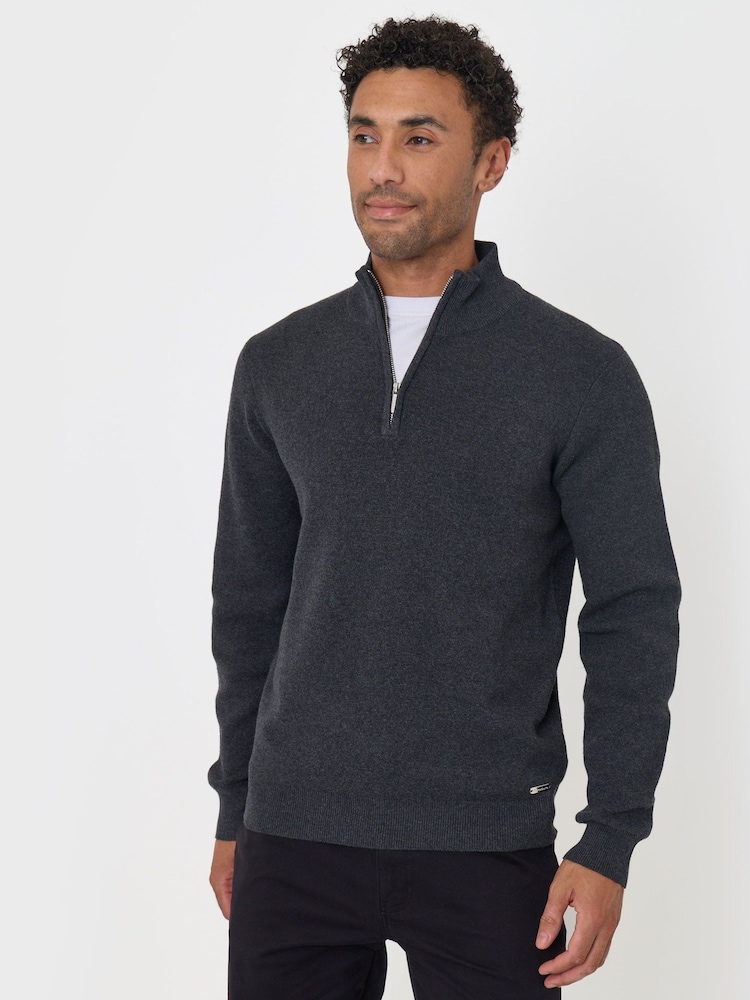 Threadbare Dark Grey Cotton Blend Knitted Quarter Zip Jumper - Image 1 of 4