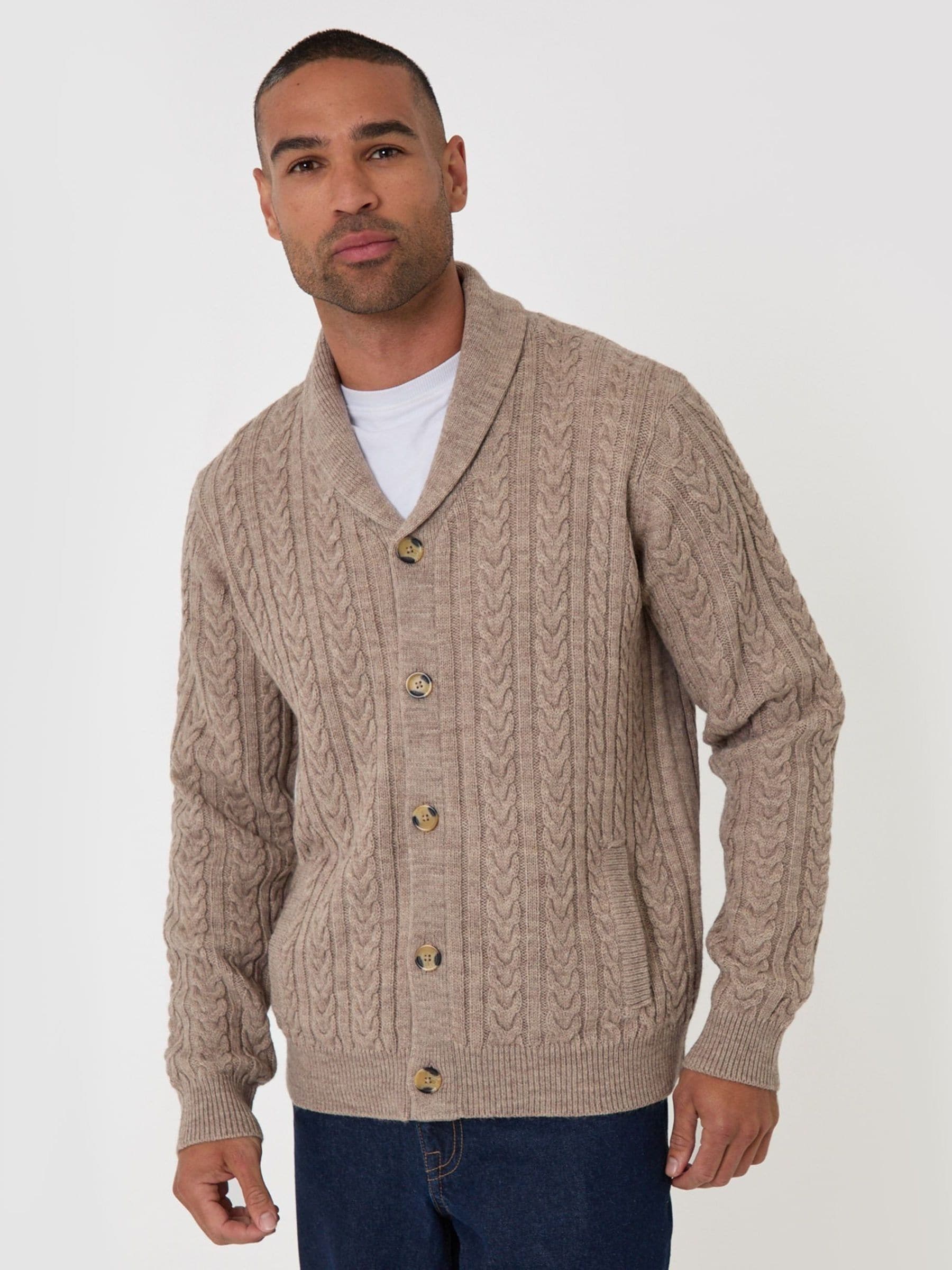 Threadbare Men's Natural Cable Knit Shawl Cardigan