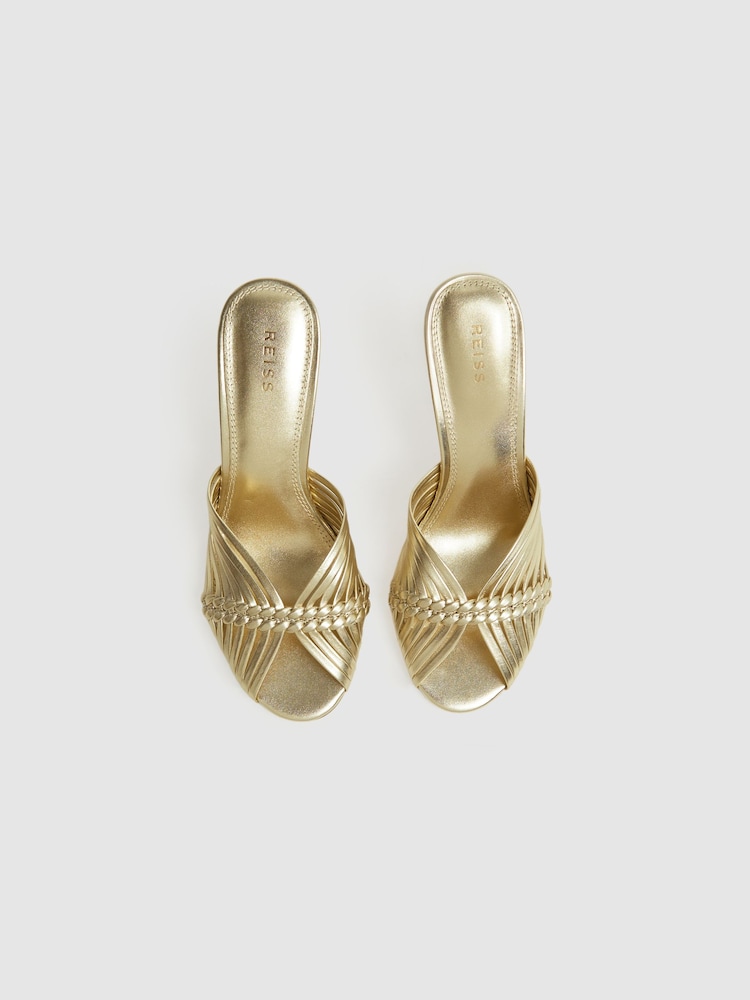 Reiss Gold Imogen Leather Woven Heeled Mules - Image 3 of 5