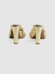 Reiss Gold Imogen Leather Woven Heeled Mules - Image 4 of 5