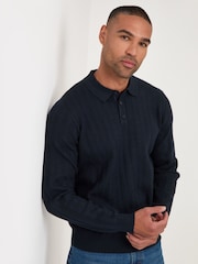 Threadbare Navy Blue Textured Cable Knit Polo Jumper - Image 1 of 5