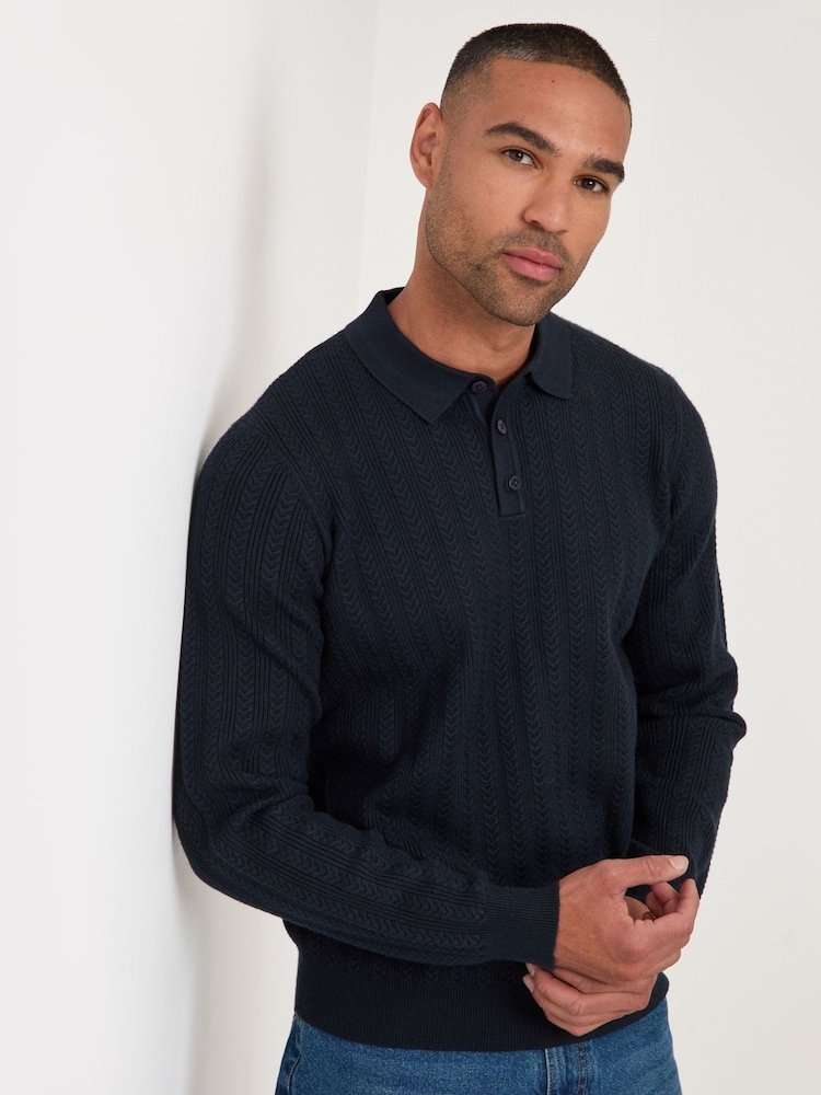 Threadbare Navy Blue Textured Cable Knit Polo Jumper - Image 1 of 5 Threadbare Navy Blue Textured Cable Knit Polo Jumper - Image 1 of 5