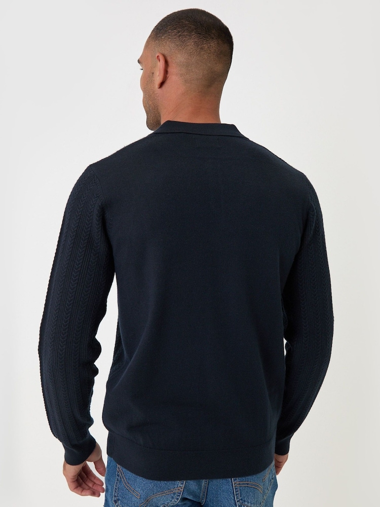 Threadbare Navy Blue Textured Cable Knit Polo Jumper - Image 2 of 5 Threadbare Navy Blue Textured Cable Knit Polo Jumper - Image 2 of 5