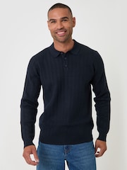 Threadbare Navy Blue Textured Cable Knit Polo Jumper - Image 3 of 5