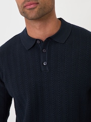 Threadbare Navy Blue Textured Cable Knit Polo Jumper - Image 4 of 5