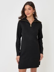 Threadbare Black Quarter Zip Brushed Knit Mini Dress - Image 1 of 4