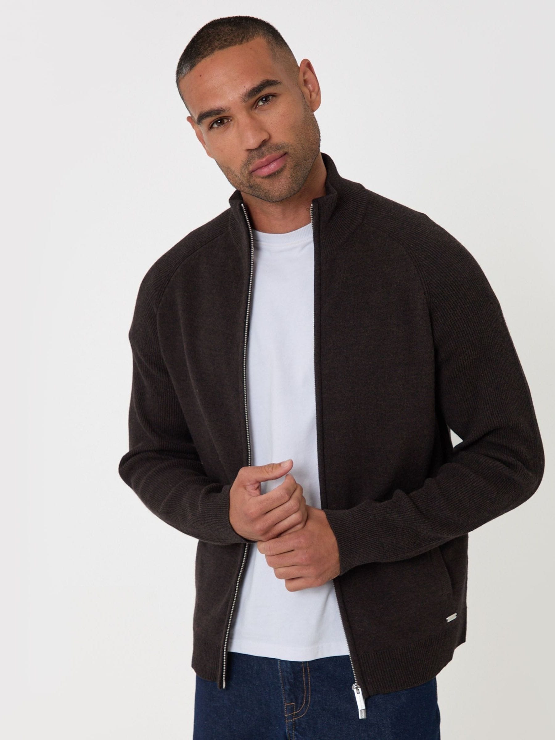 Threadbare Chocolate Brown Cotton Rich Funnel Neck Zip Through Sweatshirt In - Image 2