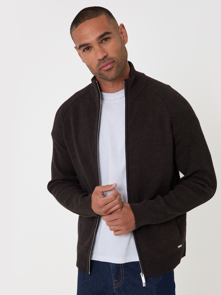 Threadbare Brown Knitted Zip Up Funnel Neck Cardigan - Image 1 of 5 Threadbare Brown Knitted Zip Up Funnel Neck Cardigan - Image 1 of 5