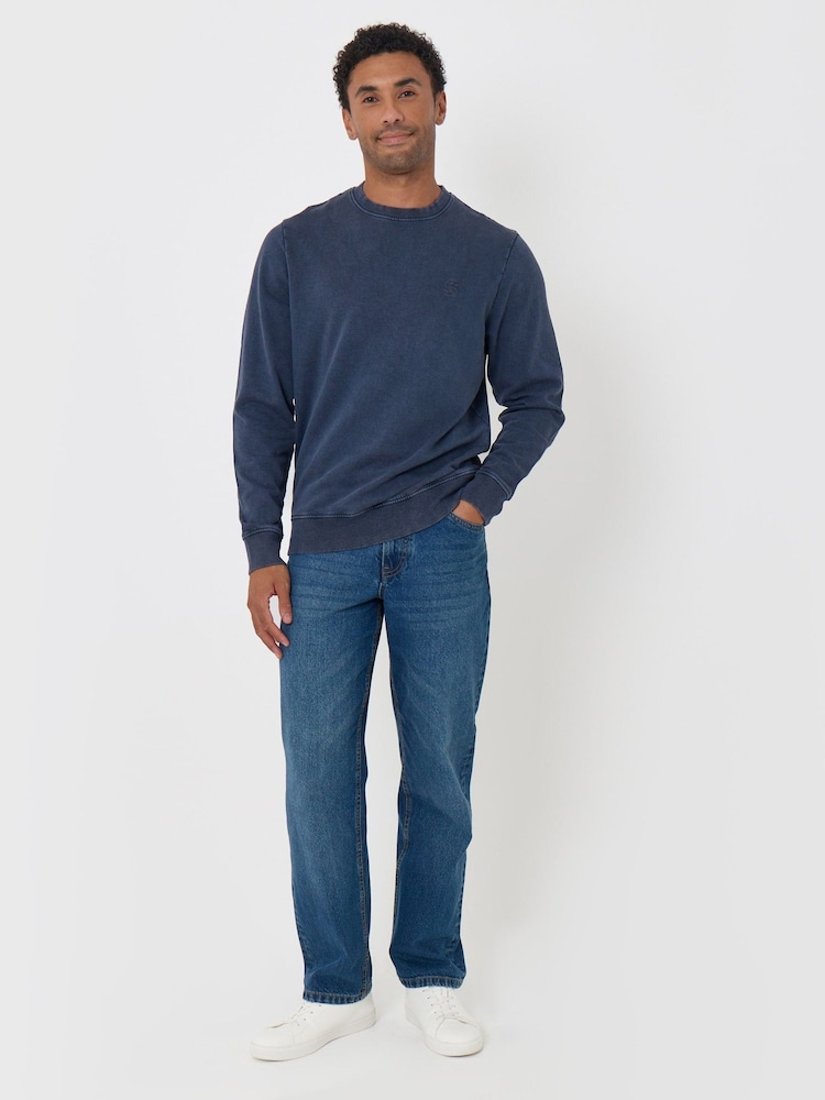 Threadbare Navy Blue Garment Dyed Crew Neck Sweatshirt - Image 4 of 4