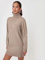 Threadbare Natural Turtle Neck Mini Jumper Dress - Image 1 of 5