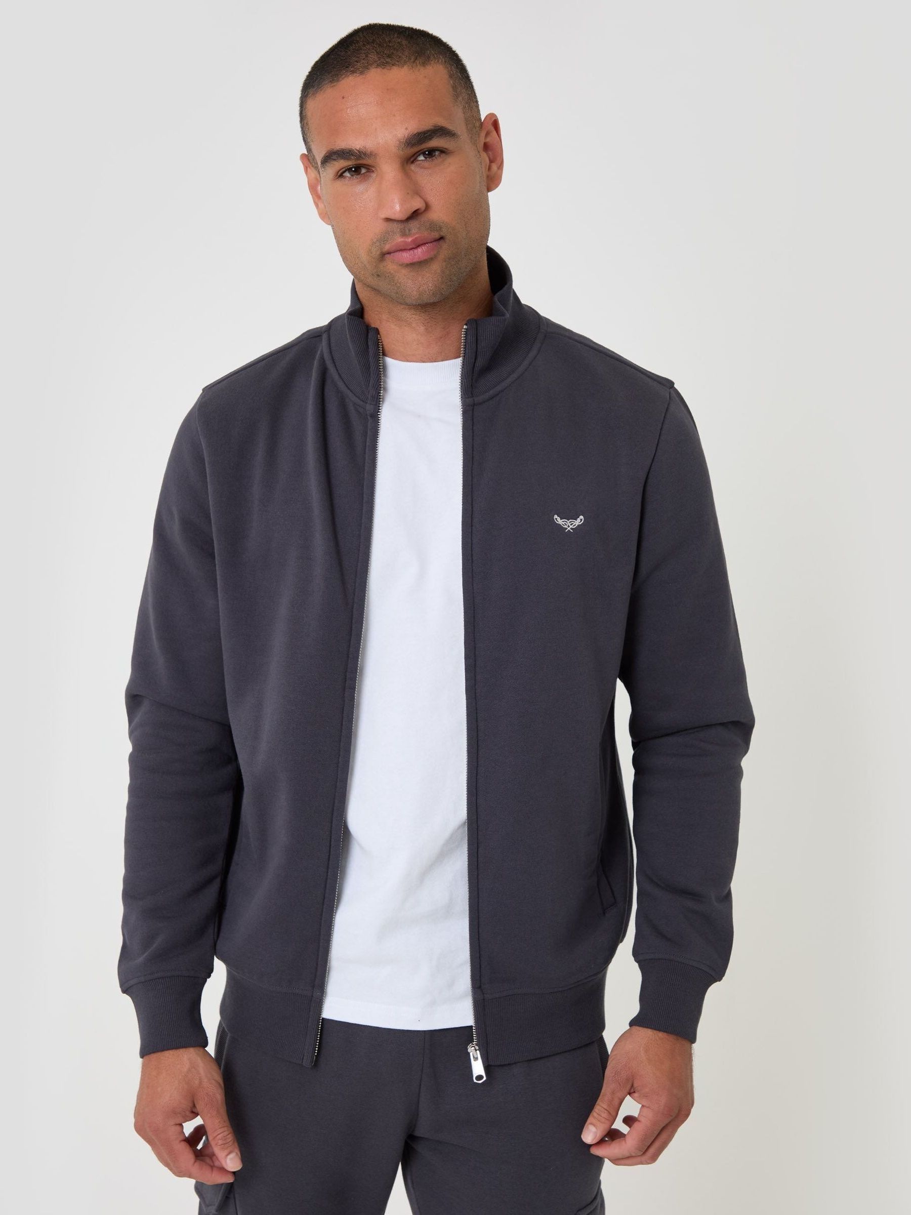 Threadbare Men's Dark Grey Knitted Zip Up Funnel Neck Sweatshirt