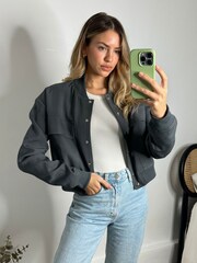 Style Cheat Grey Maryam Cropped Bomber Jacket - Image 4 of 5