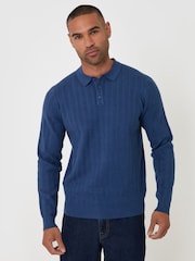 Threadbare Blue Textured Cable Knit Polo Jumper - Image 1 of 5