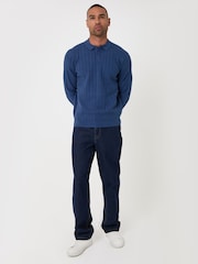 Threadbare Blue Textured Cable Knit Polo Jumper - Image 2 of 5