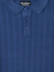 Threadbare Blue Textured Cable Knit Polo Jumper - Image 5 of 5