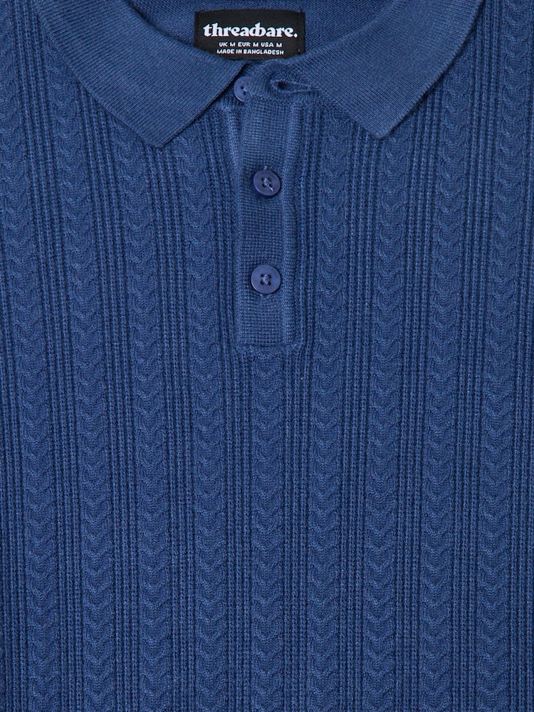 Threadbare Blue Textured Cable Knit Polo Jumper - Image 5 of 5 Threadbare Blue Textured Cable Knit Polo Jumper - Image 5 of 5