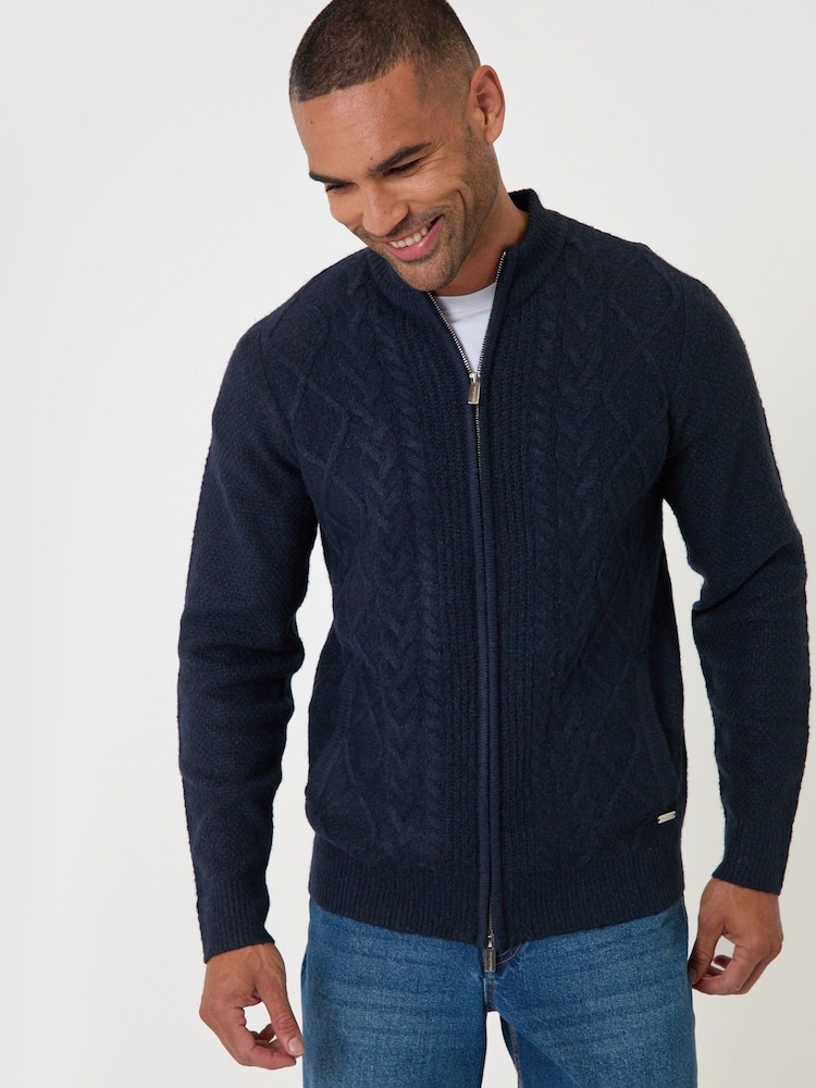 Threadbare Blue Cable Knit Zip Through Jumper - Image 1 of 5 Threadbare Blue Cable Knit Zip Through Jumper - Image 1 of 5
