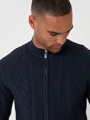 Threadbare Blue Cable Knit Zip Through Jumper - Image 2 of 5