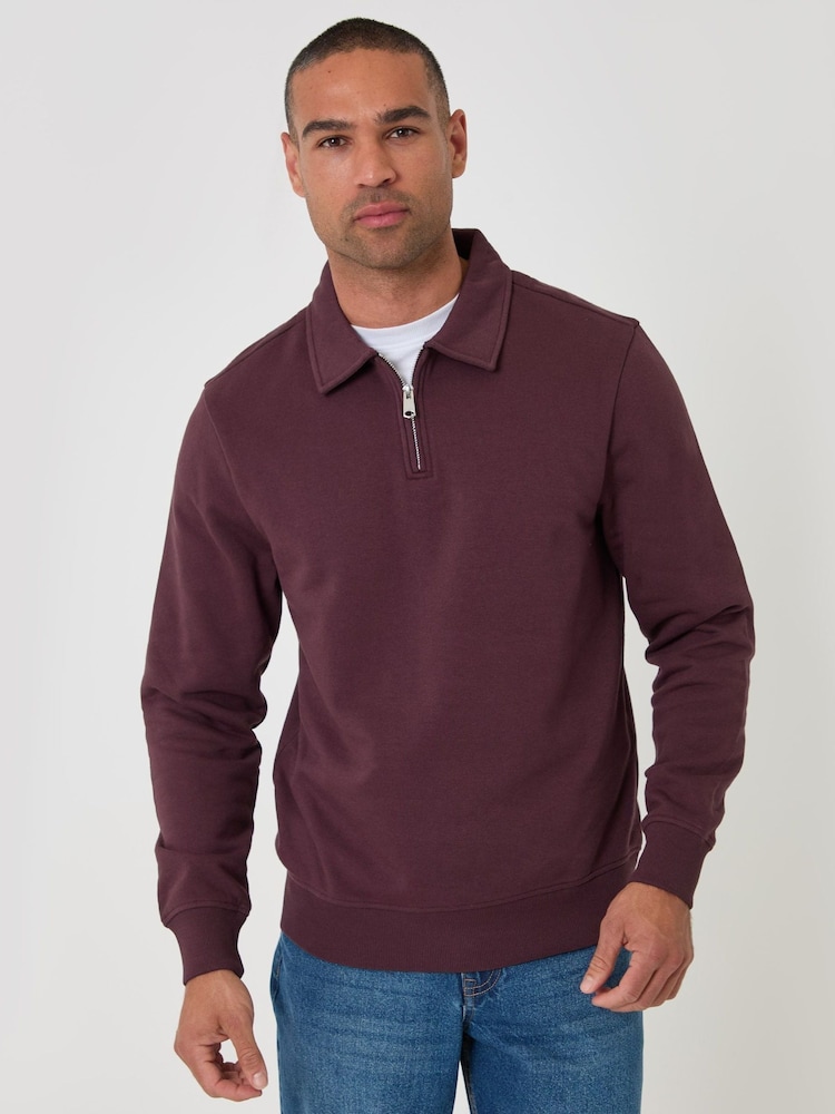 Threadbare Plum Purple Quarter Zip Collared Sweatshirt - Image 1 of 4 Threadbare Plum Purple Quarter Zip Collared Sweatshirt - Image 1 of 4