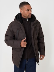 Threadbare Brown Showerproof Hooded Puffer Coat With Borg Lined Hood - Image 1 of 5