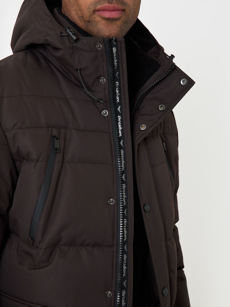 Threadbare Brown Showerproof Hooded Puffer Coat With Borg Lined Hood - Image 2 of 5 Threadbare Brown Showerproof Hooded Puffer Coat With Borg Lined Hood - Image 2 of 5