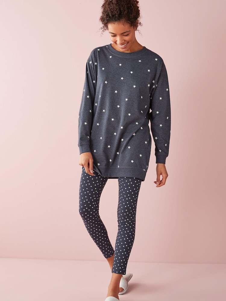 Navy Blue Stars Cotton Tunic And Legging Pyjamas Set - Image 1 of 7