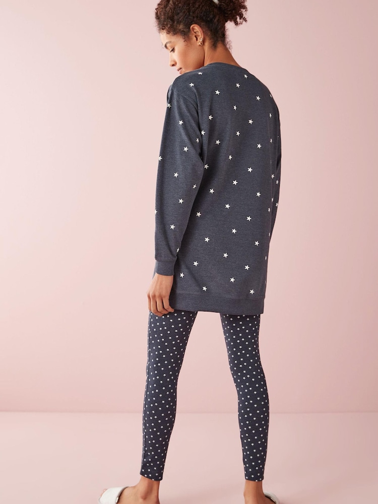 Navy Blue Stars Cotton Tunic And Legging Pyjamas Set - Image 2 of 7