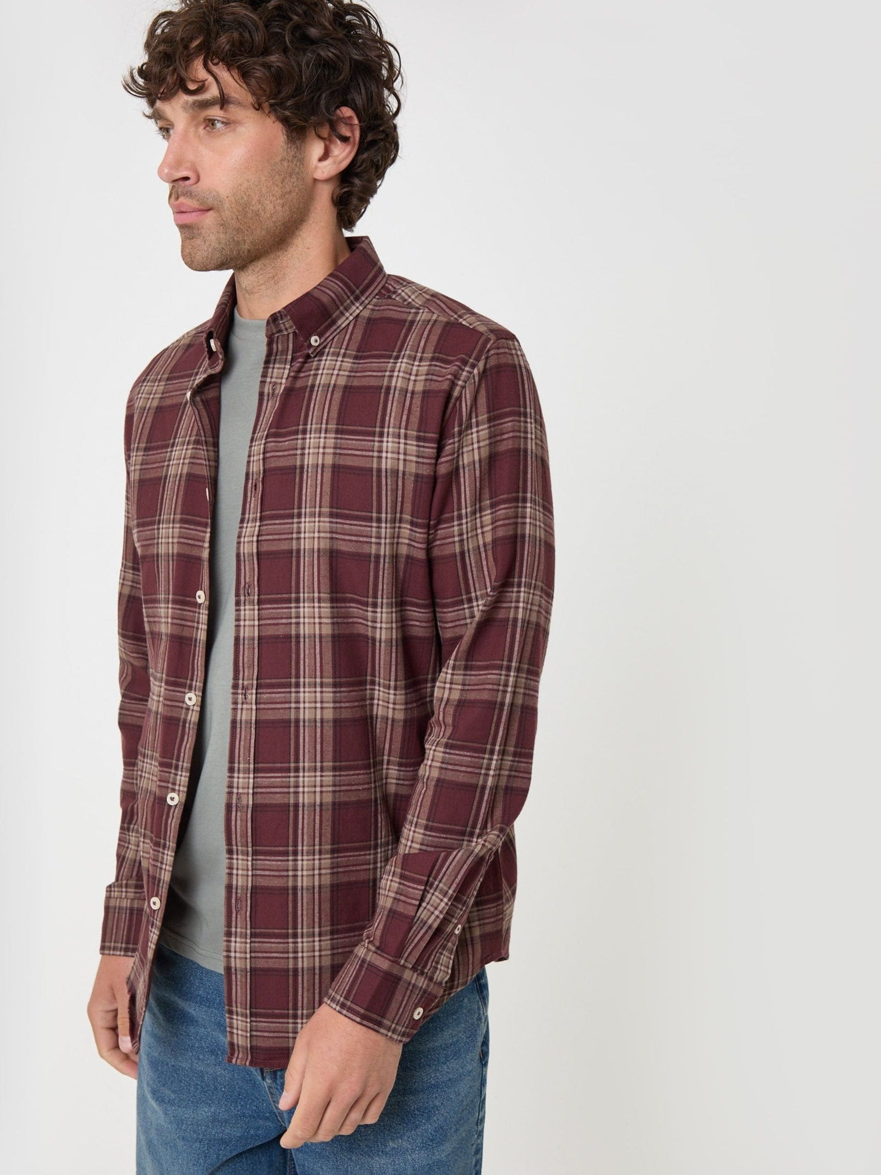 Threadbare Men's Red Brushed Cotton Flannel Shirt In Burgundy Check - Image 2